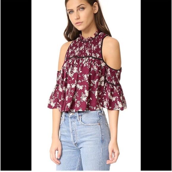 Cinq a Sept Soha Floral Cold Shoulder Cut Out Ruffle Silk Top - Picture 1 of 13